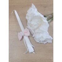Krikšto balta žvakė su papuošimu - kaspinėliu 30 cm. Spalva balta / šviesiai rožinė